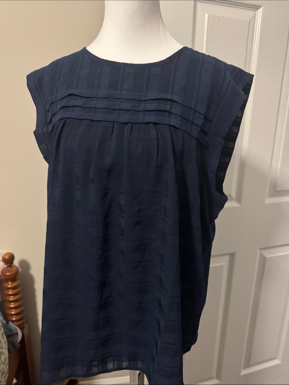 LOFT Navy Pintuck Cap-Sleeve Blouse